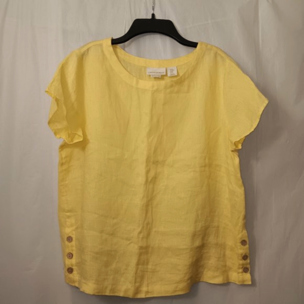 CYNTHIA ROWLEY 100% LINEN SHORT SLEEVE TOP YELLOW SIZE MEDIUM